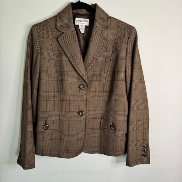 Pendleton Women's 100% Virgin Wool Brown Plaid Pant Suit Size 8/10 - Picture 2 of 8
